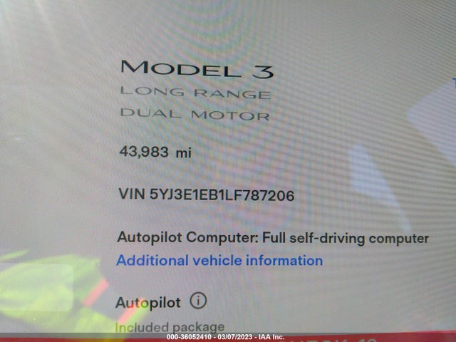 2020 TESLA MODEL 3 LONG RANGE VIN: 5YJ3E1EB1LF787206