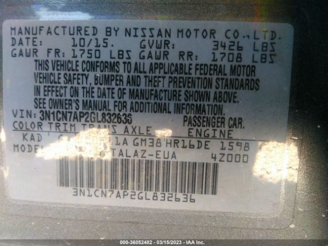 3N1CN7AP2GL832636 Nissan Versa S Plus