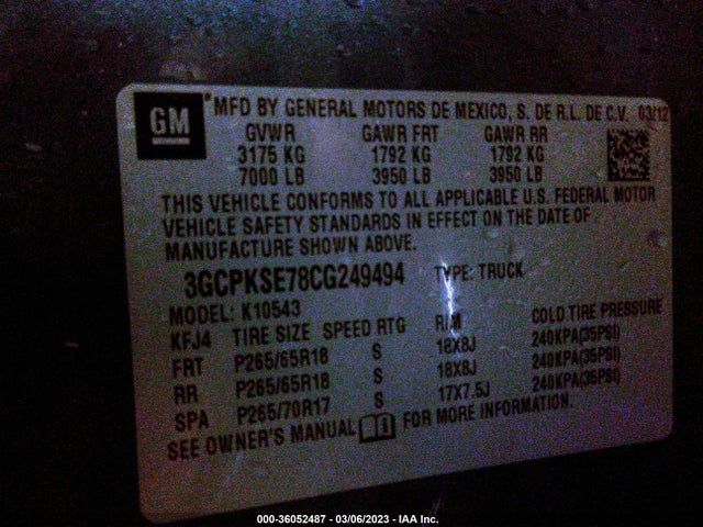 2012 CHEVROLET SILVERADO 1500 LT VIN: 3GCPKSE78CG249494