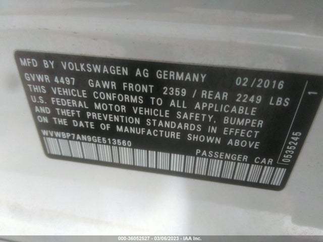 2016 Volkswagen CC, VIN: WVWBP7AN9GE513560