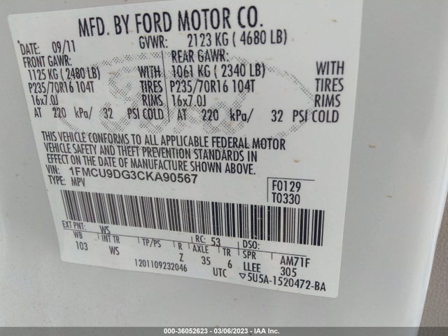 2012 FORD ESCAPE XLT VIN: 1FMCU9DG3CKA90567