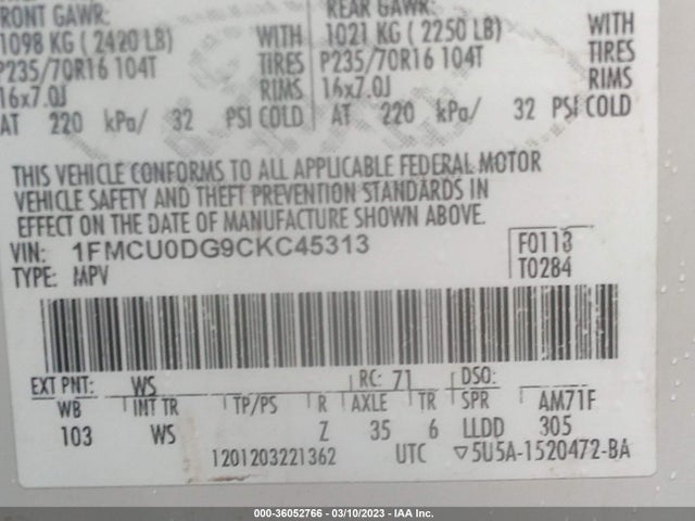 2012 FORD ESCAPE XLT VIN: 1FMCU0DG9CKC45313