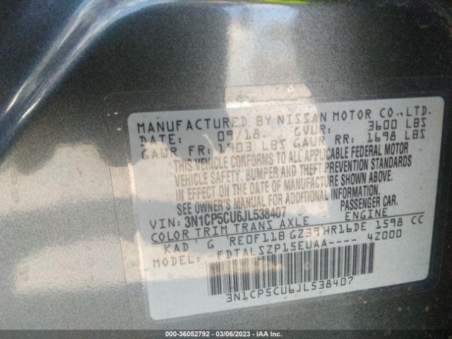 3N1CP5CU6JL538407 Nissan KICKS SV