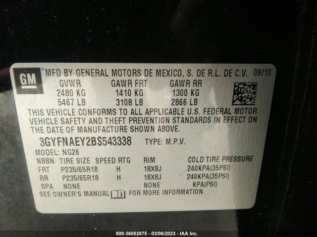 3GYFNAEY2BS543338 Cadillac Srx Luxury Collection