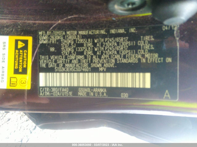 Toyota HIGHLANDER 2012 5TDZK3EH5CS074601 Image 9