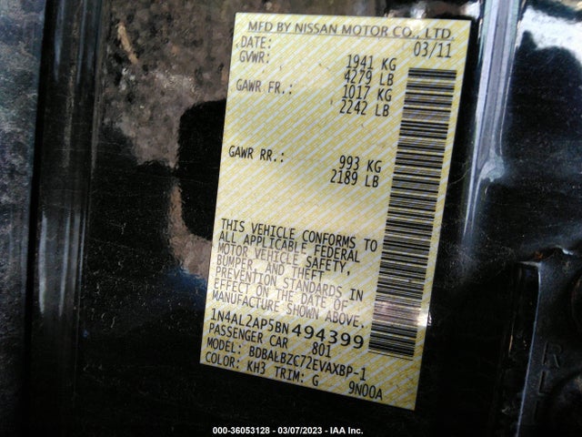 2011 NISSAN ALTIMA 2.5 SL VIN: 1N4AL2AP5BN494399