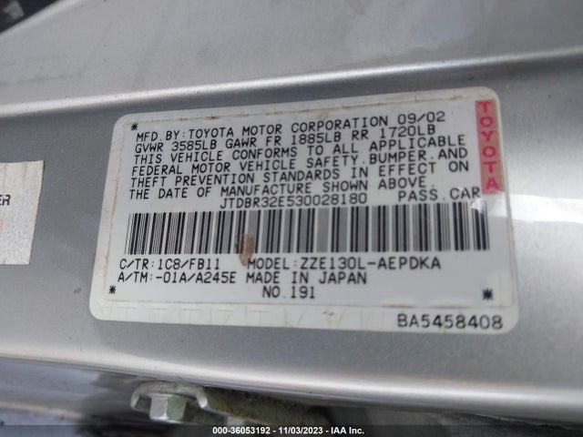 2003 TOYOTA COROLLA CE/LE VIN: JTDBR32E530028180