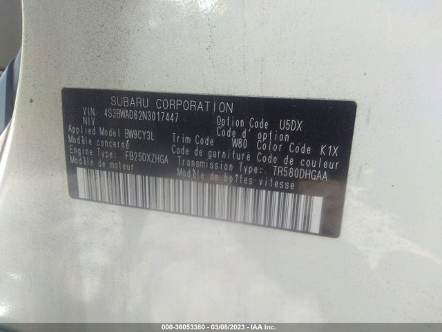 2022 SUBARU LEGACY PREMIUM VIN: 4S3BWAD62N3017447