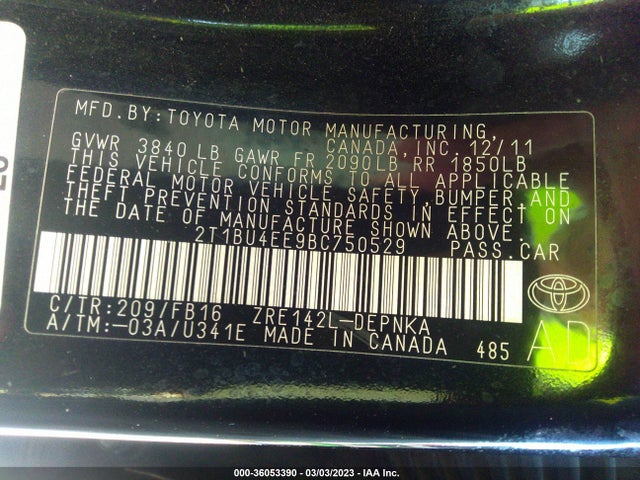2011 TOYOTA COROLLA L/LE/S VIN: 2T1BU4EE9BC750529