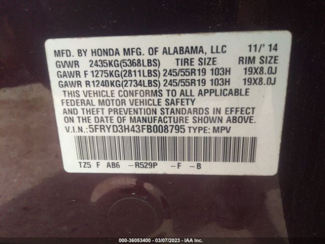 5FRYD3H43FB008795 Acura Mdx Tech Pkg