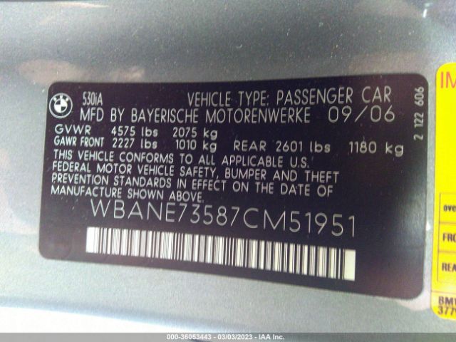 WBANE73587CM51951 BMW 5 Series 530i