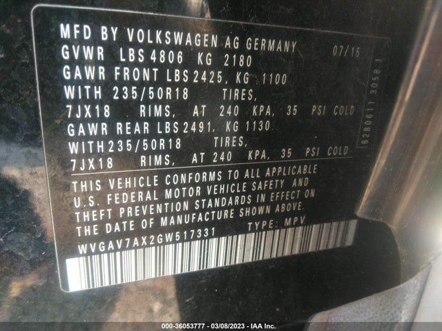 Volkswagen TIGUAN SE 2016 WVGAV7AX2GW517331 Image 10