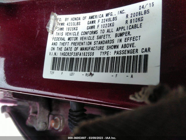 Honda Accord Sedan Lx 2015 1HGCR2F3XFA162559 Image 10