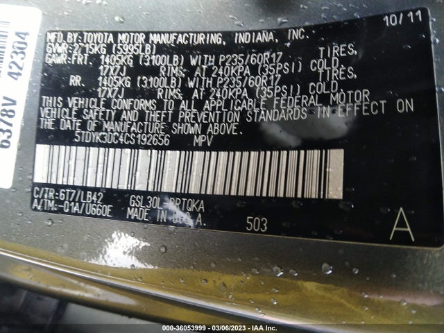2012 TOYOTA SIENNA XLE AAS/XLE/LTD VIN: 5TDYK3DC4CS192656