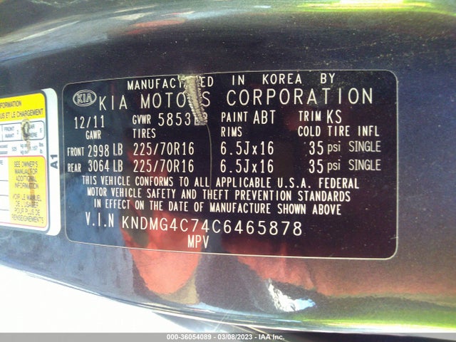 KIA SEDONA LX 2012 KNDMG4C74C6465878 Image 9