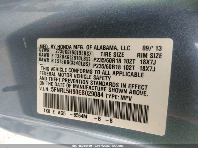 Honda Odyssey Touring 2014 5FNRL5H90EB029084 Image 9