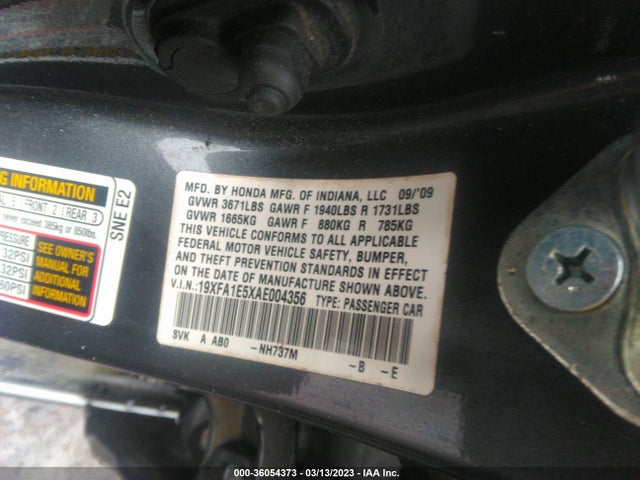 2010 HONDA CIVIC SDN LX VIN: 19XFA1E5XAE004356