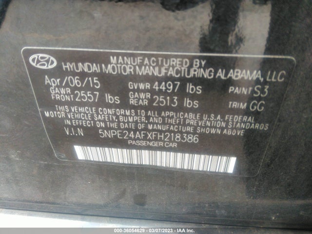 2015 HYUNDAI SONATA 2.4L SE VIN: 5NPE24AFXFH218386