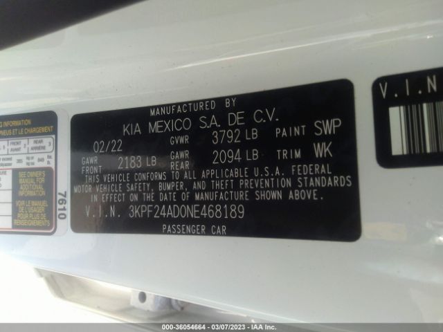 3KPF24AD0NE468189 KIA Forte Lxs