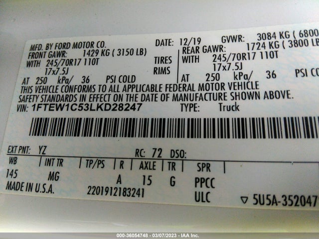 2020 Ford F-150, VIN: 1FTEW1C53LKD28247