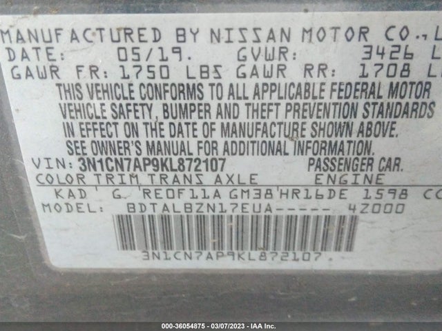 2019 Nissan Versa, VIN: 3N1CN7AP9KL872107