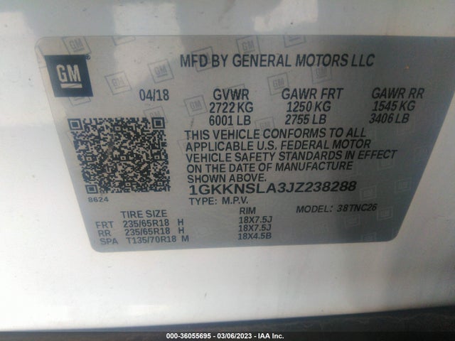 GMC ACADIA SLE 2018 1GKKNSLA3JZ238288 Image 9