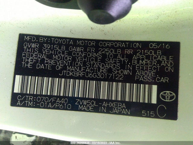 Toyota Prius Two 2016 JTDKBRFU6G3017122 Image 10
