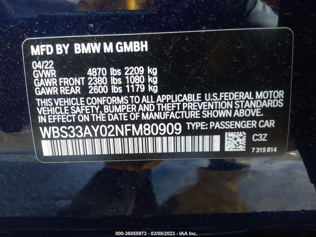 2022 BMW M3, VIN: WBS33AY02NFM80909