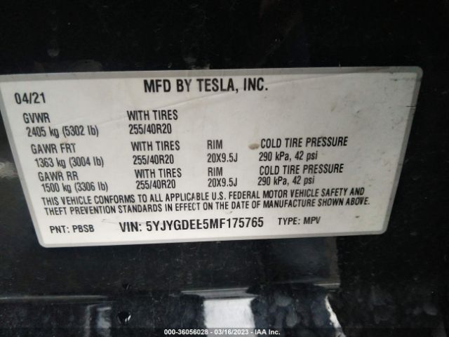 5YJYGDEE5MF175765 Tesla Model Y Long Range