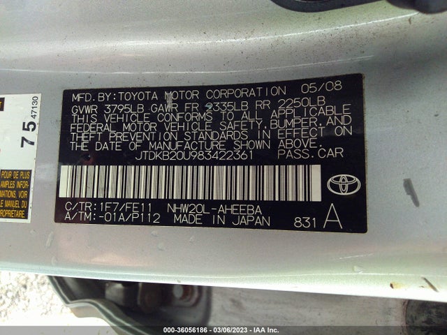 Продажа на аукционе авто 2008 Toyota Prius, vin: JTDKB20U983422361, номер лота: 36056186
