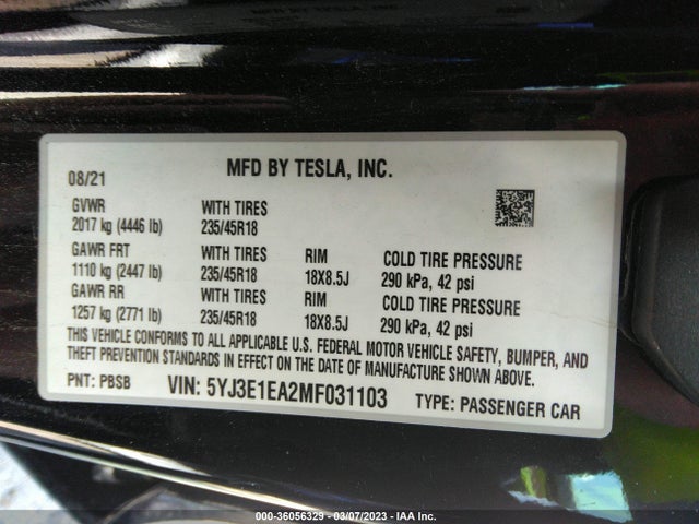 Tesla Model 3 Standard Range Plus 2021 5YJ3E1EA2MF031103 Image 10