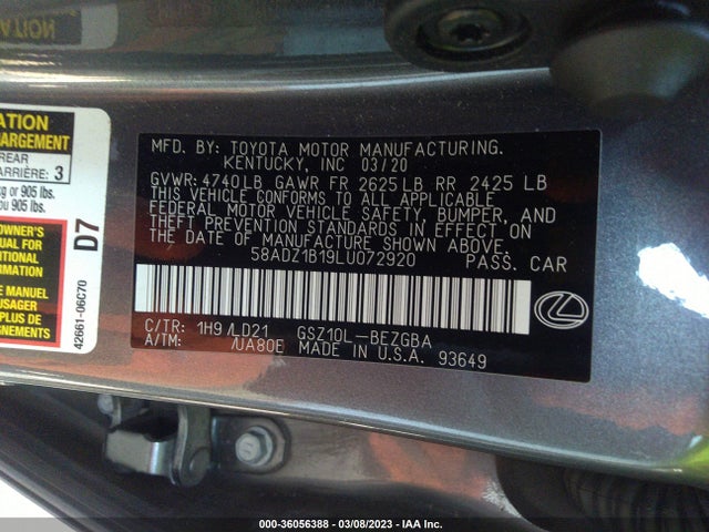 2020 LEXUS ES ES 350 VIN: 58ADZ1B19LU072920