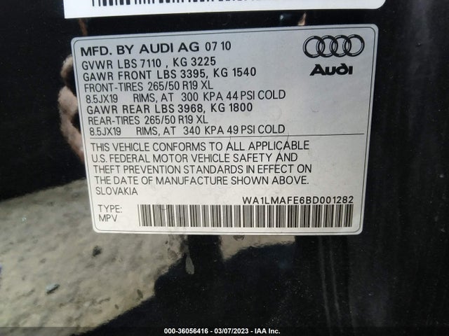 2011 AUDI Q7 3.0L TDI PREMIUM PLUS VIN: WA1LMAFE6BD001282
