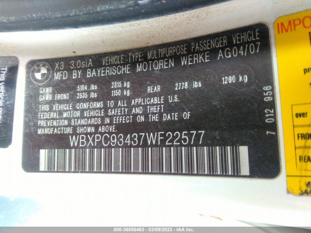 2007 BMW X3 3.0SI VIN: WBXPC93437WF22577