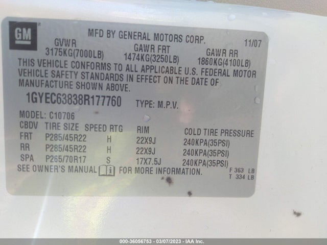 2008 CADILLAC ESCALADE VIN: 1GYEC63838R177760
