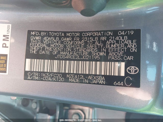 2020 TOYOTA COROLLA SE/NIGHTSHADE VIN: JTDS4RCE2LJ021195