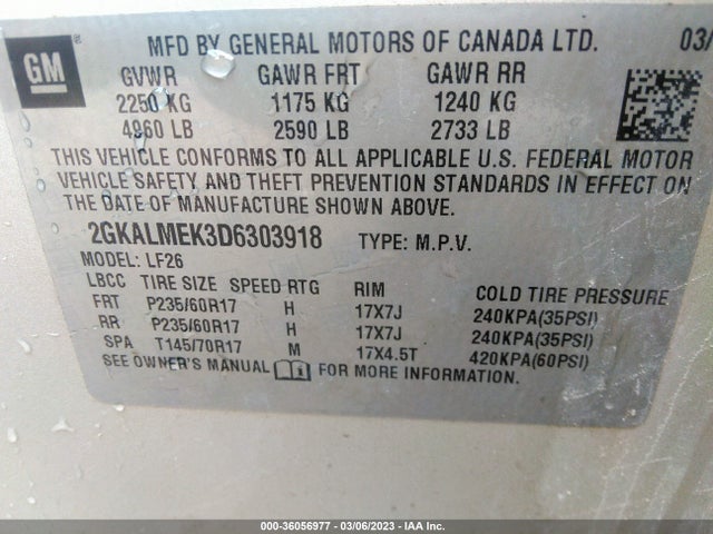 2013 GMC TERRAIN SLE VIN: 2GKALMEK3D6303918