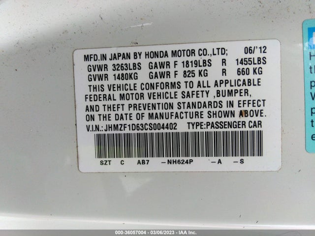 2012 HONDA CR-Z EX VIN: JHMZF1D63CS004402