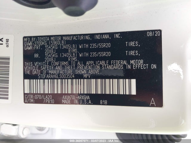 2020 Toyota Highlander, VIN: 5TDFARAH6LS003504