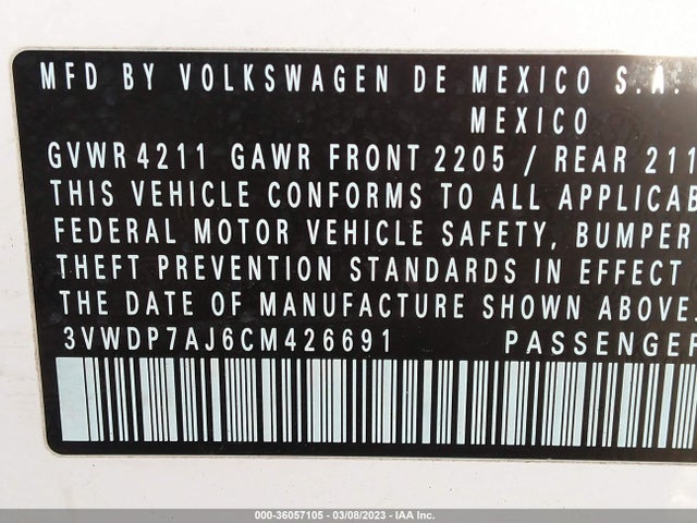 2012 VOLKSWAGEN JETTA SEDAN SE W VIN: 3VWDP7AJ6CM426691