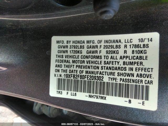 2015 HONDA CIVIC SEDAN EX VIN: 19XFB2F80FE209302