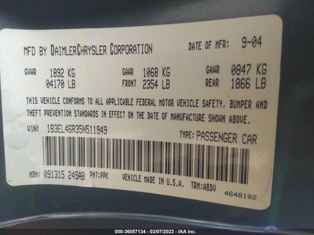 Dodge Stratus Sdn Sxt 2005 1B3EL46R35N511949 Image 10