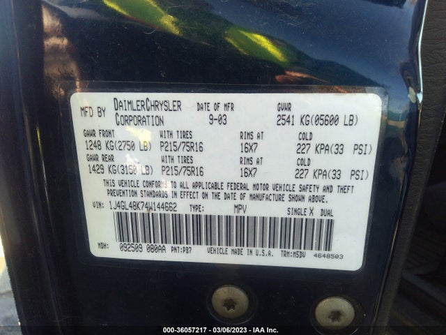 2004 JEEP LIBERTY SPORT VIN: 1J4GL48K74W144662