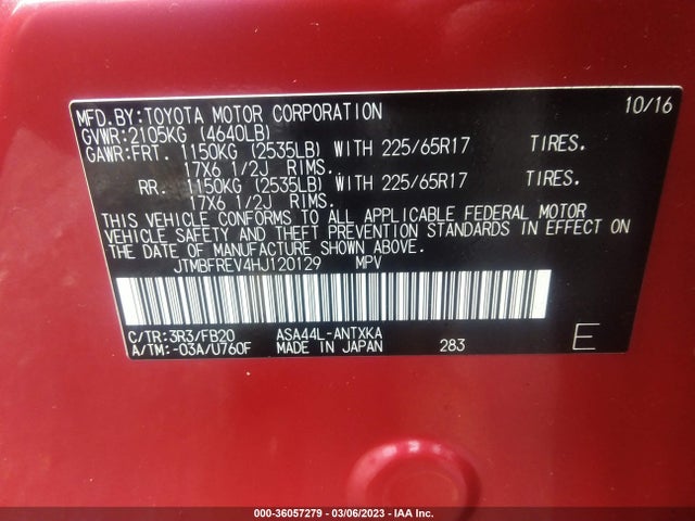 2017 TOYOTA RAV4 LE VIN: JTMBFREV4HJ120129