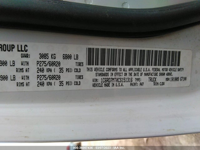 2012 RAM 1500 SPORT VIN: 1C6RD7MT0CS151316