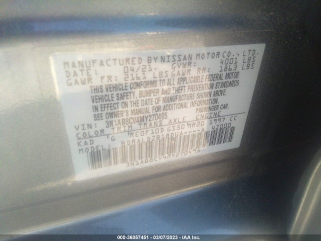 2021 NISSAN SENTRA SV VIN: 3N1AB8CV4MY270495