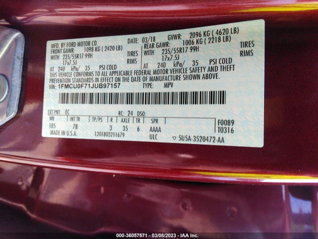 2018 FORD ESCAPE S VIN: 1FMCU0F71JUB97157