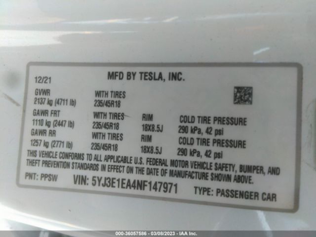 5YJ3E1EA4NF147971 Tesla MODEL 3