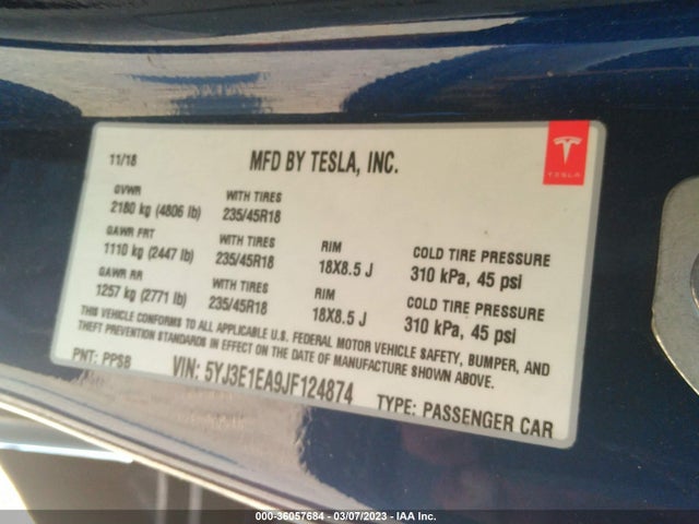 Tesla Model 3 Range Battery 2018 5YJ3E1EA9JF124874 Image 11
