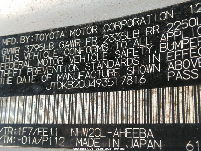 2009 TOYOTA PRIUS VIN: JTDKB20U493517816